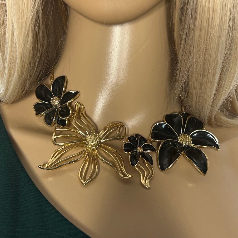 Statement Floral Black Enamel Gold Tone Bib Necklace Adjustable 16-19